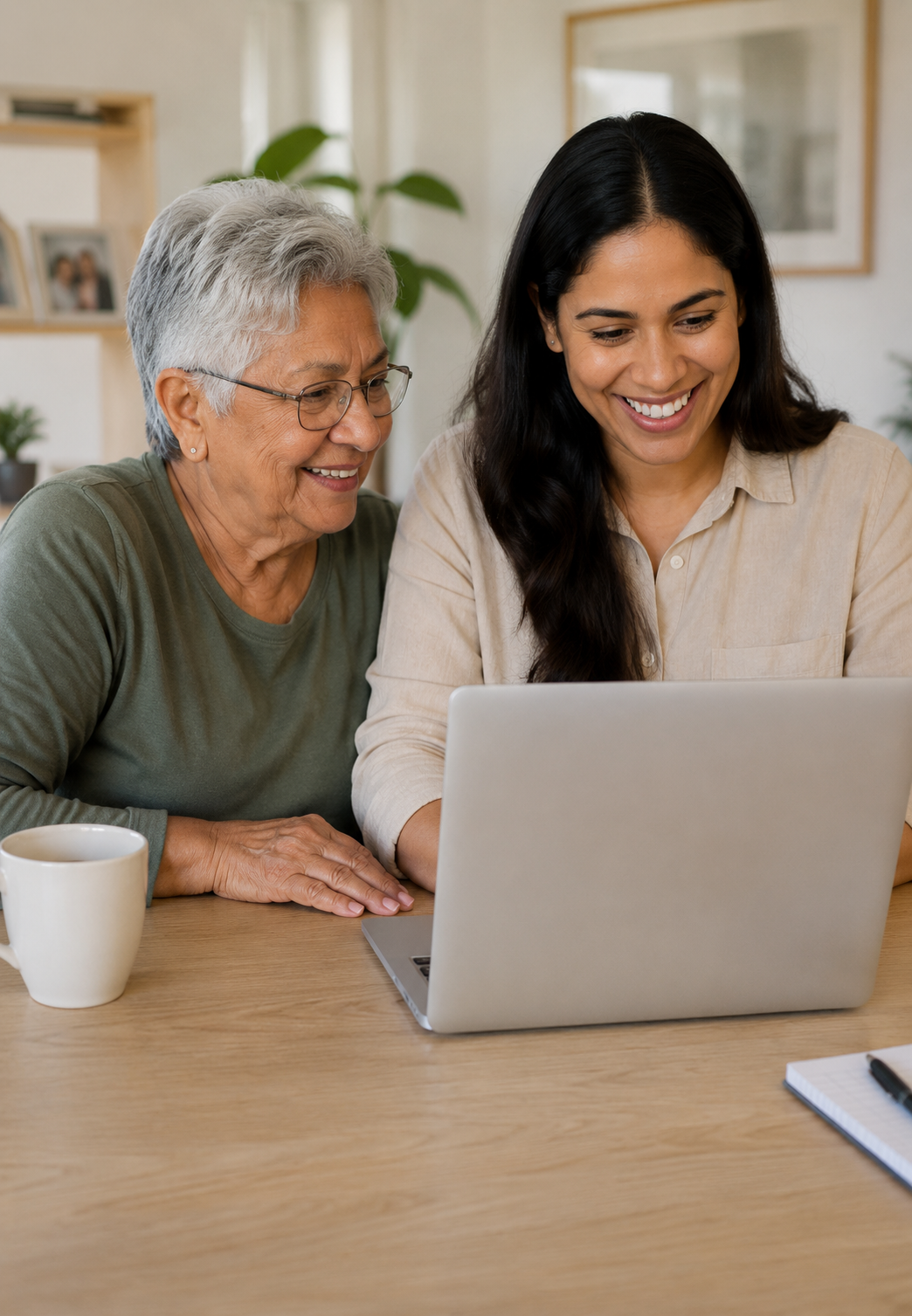 An older person and a family member filling out a form together on a laptop at home